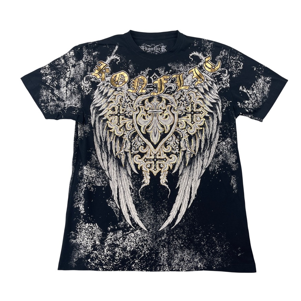 Konflic T-Shirt Mens XL Black Graphic Angel Wings Cross Gothic MMA Biker USA